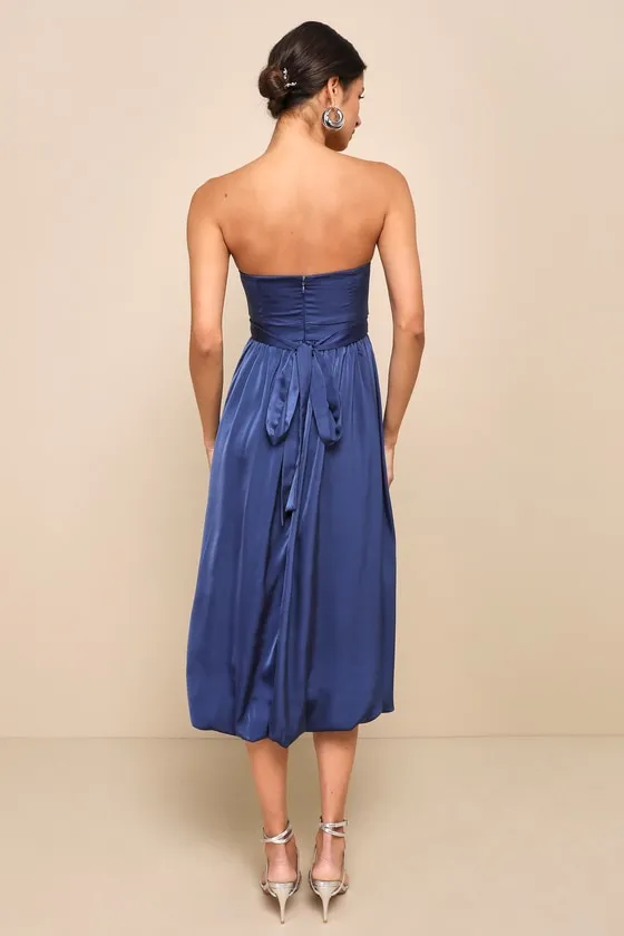 Lavish Elegance Navy Blue Satin Strapless Bubble-Hem Midi Dress sold by Lulus product image thumbnail 2
