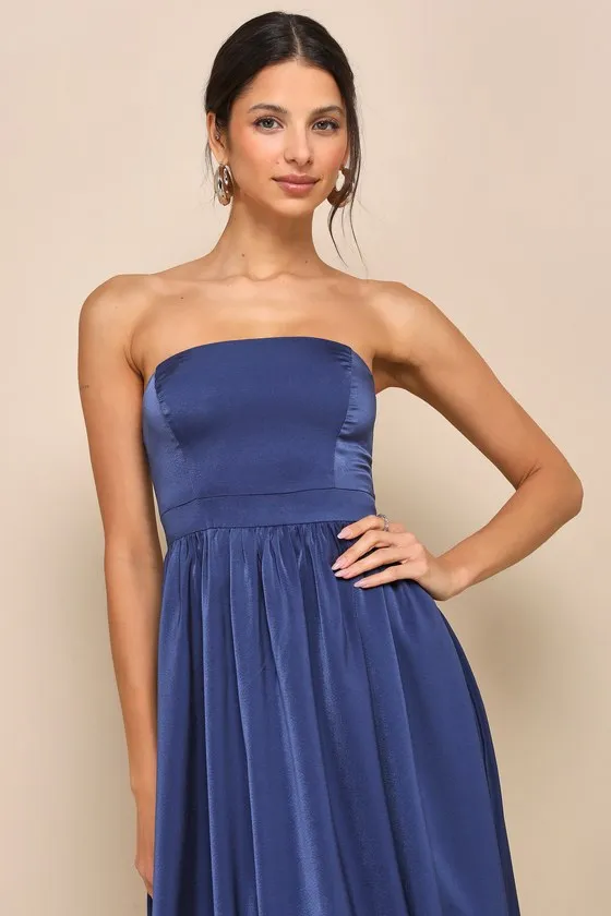 Lavish Elegance Navy Blue Satin Strapless Bubble-Hem Midi Dress sold by Lulus product image thumbnail 3