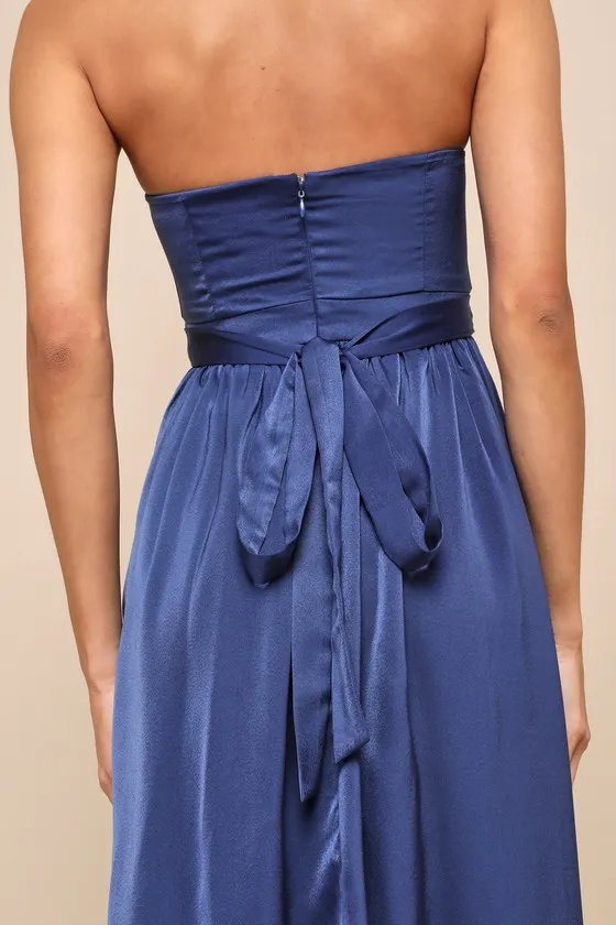Lavish Elegance Navy Blue Satin Strapless Bubble-Hem Midi Dress sold by Lulus product image thumbnail 4