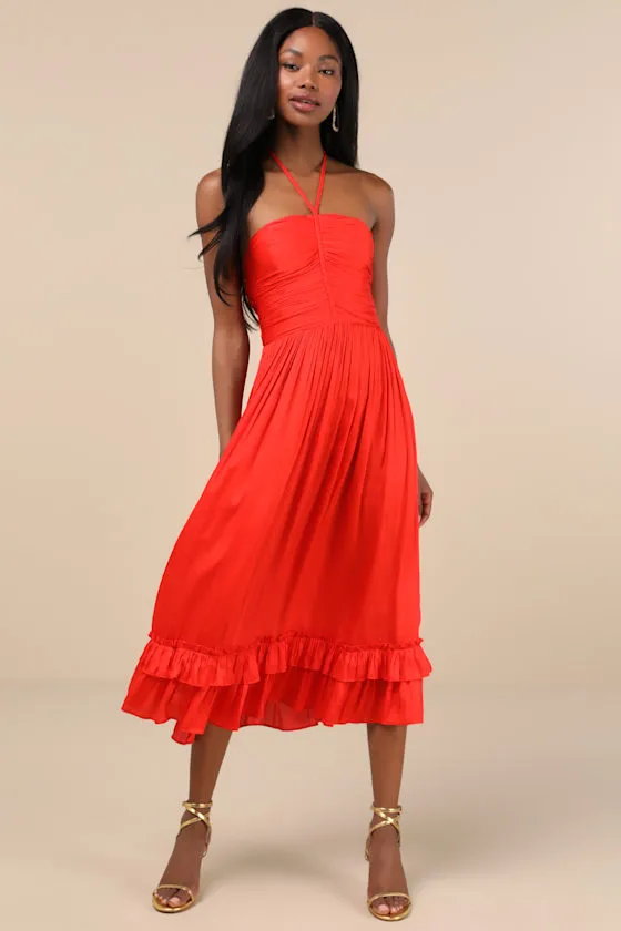 Pleasing Chicness Red Satin Halter Tiered Midi Dress sold by Lulus