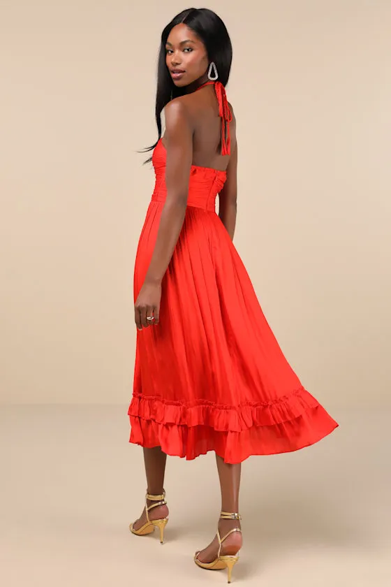 Pleasing Chicness Red Satin Halter Tiered Midi Dress sold by Lulus product image thumbnail 2