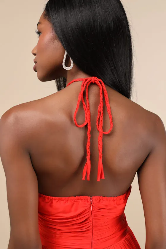 Pleasing Chicness Red Satin Halter Tiered Midi Dress sold by Lulus product image thumbnail 3