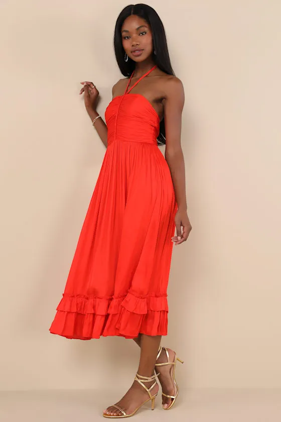 Pleasing Chicness Red Satin Halter Tiered Midi Dress sold by Lulus product image thumbnail 4