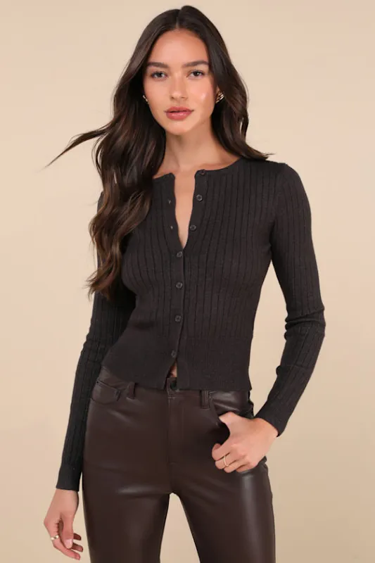 Perfect Classic Charcoal Ribbed Knit Cardigan Sweater sold by Lulus