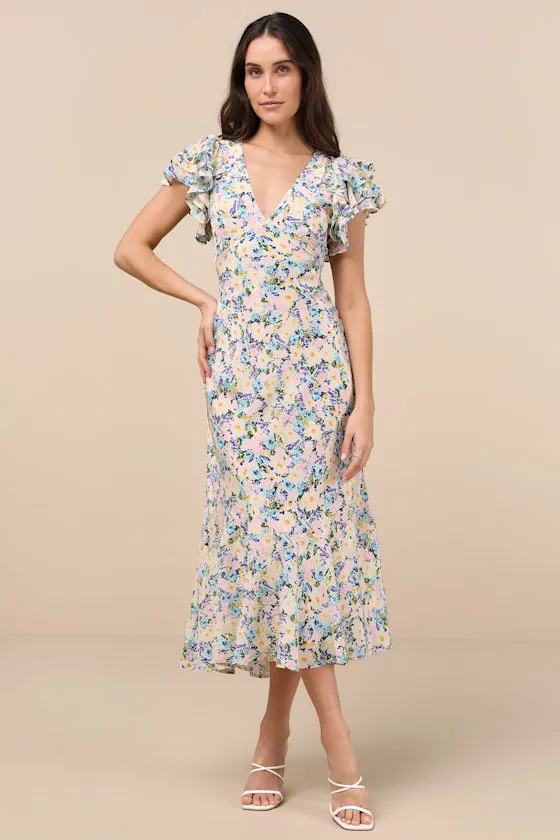Celestine Blue Multi Floral Flutter Sleeve Midi Dress sold by Lulus