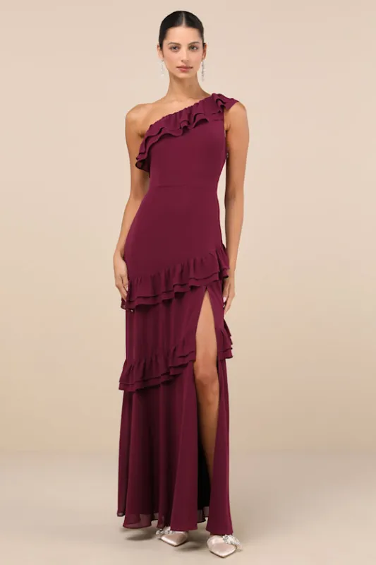 Brilliant Grace Plum Purple Ruffled One-Shoulder Maxi Dress made by Lulus