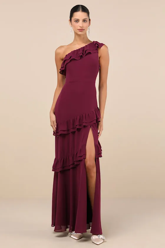 Brilliant Grace Plum Purple Ruffled One-Shoulder Maxi Dress sold by Lulus