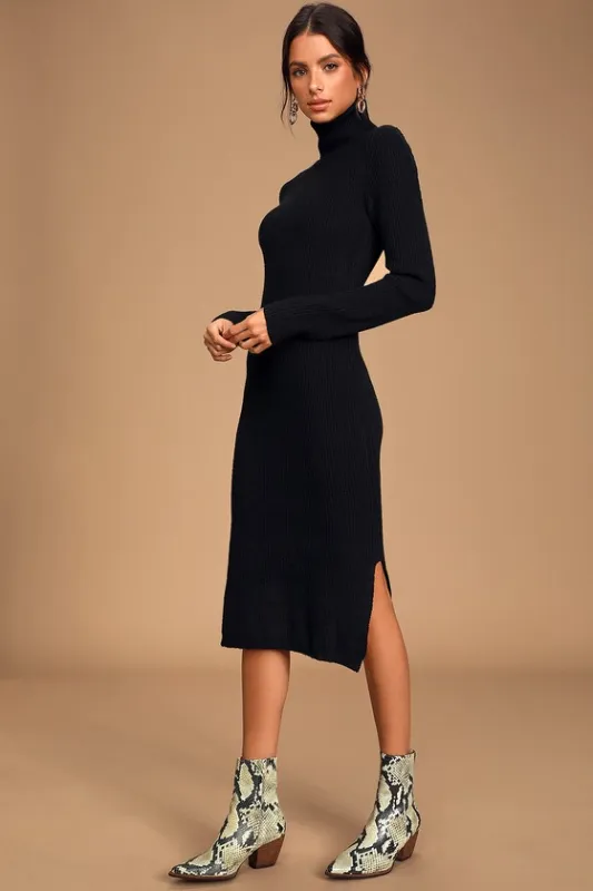 Sheerah Black Turtleneck Midi Sweater Dress sold by Lulus