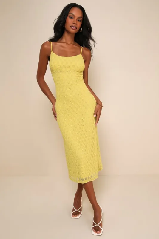 Lucky Girl Light Green Sleeveless Lace Midi Dress sold by Lulus