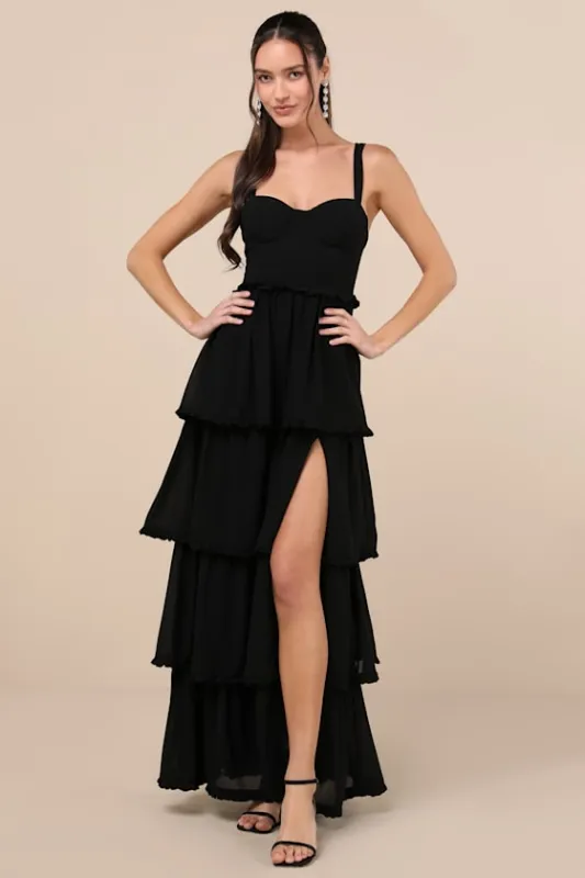 Sophisticated Occasion Black Bustier Lace-Up Maxi Dress sold by Lulus