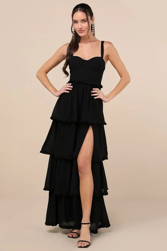 Sophisticated Occasion Black Bustier Lace-Up Maxi Dress sold by Lulus