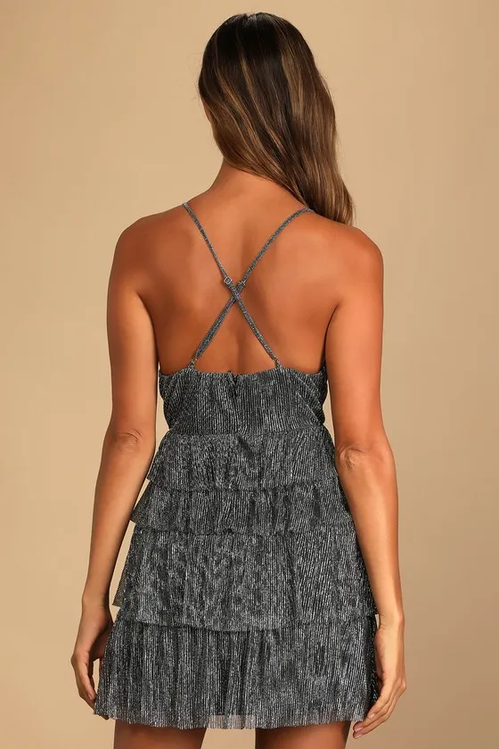 Glowing Gorgeous Silver Metallic Tiered Mini Dress sold by Lulus product image thumbnail 3
