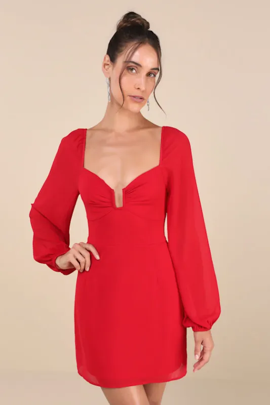 Flirtatious Designs Red Chiffon Balloon Sleeve Mini Dress sold by Lulus