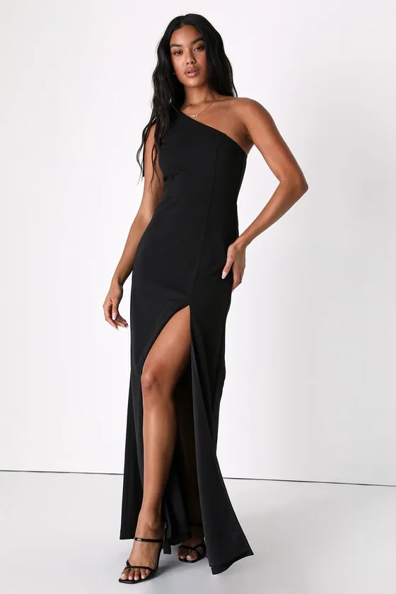 Revel in the Moment Black One-Shoulder Maxi Dress sold by Lulus
