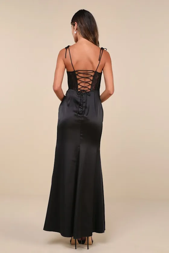 Spellbinding Aura Black Satin Lace Tie-Strap Bustier Maxi Dress sold by Lulus product image thumbnail 2
