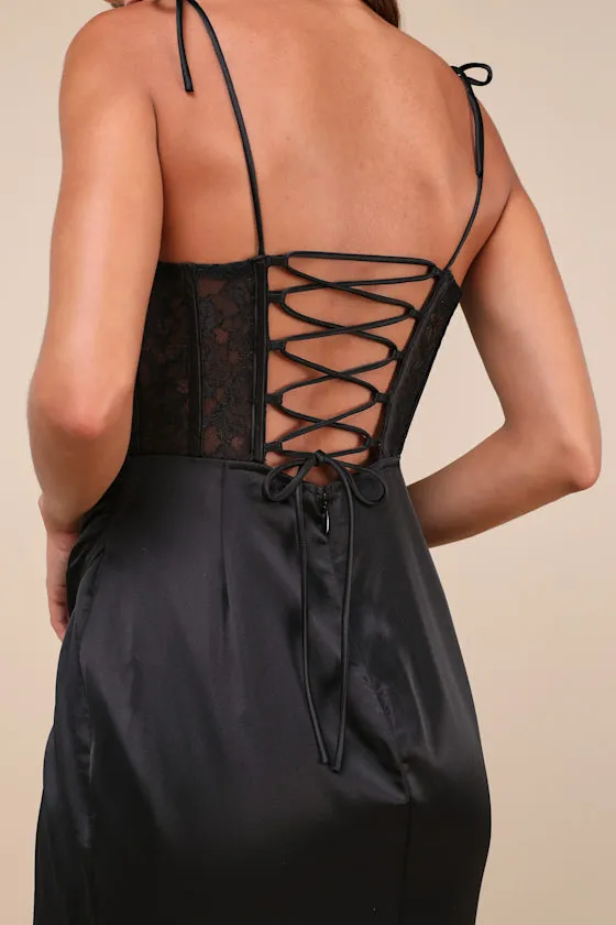 Spellbinding Aura Black Satin Lace Tie-Strap Bustier Maxi Dress sold by Lulus product image thumbnail 4