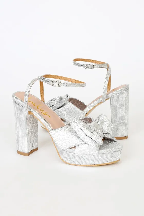 Lilsa Silver Metallic Bow Platform Ankle Strap Heels sold by Lulus product image thumbnail 2