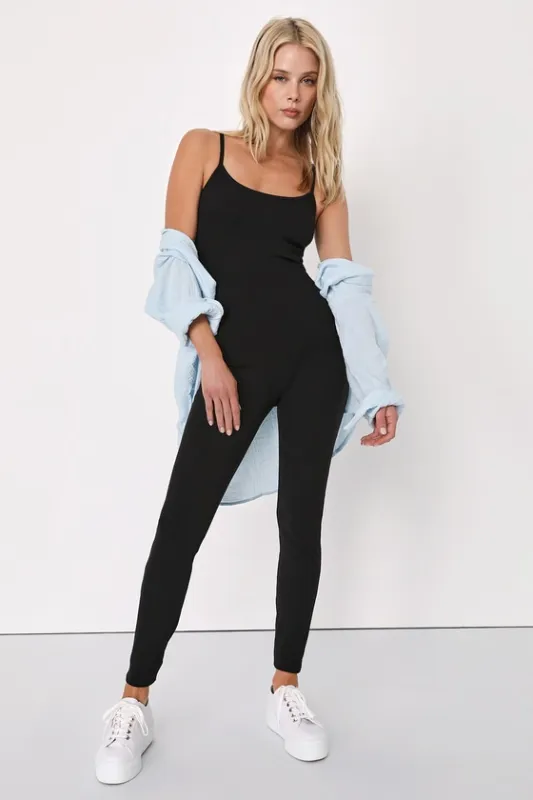 Super Base Black Ribbed Knit Bodycon Lounge Jumpsuit sold by Lulus