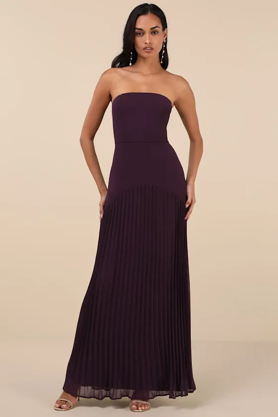 Celebratory Aesthetic Dark Purple Pleated Strapless Maxi Dress sold by Lulus