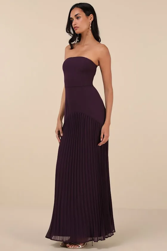 Celebratory Aesthetic Dark Purple Pleated Strapless Maxi Dress sold by Lulus product image thumbnail 3