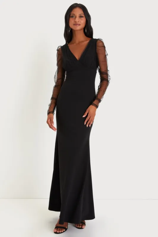 Red Carpet Energy Black Tulle Long Sleeve Mermaid Maxi Dress sold by Lulus
