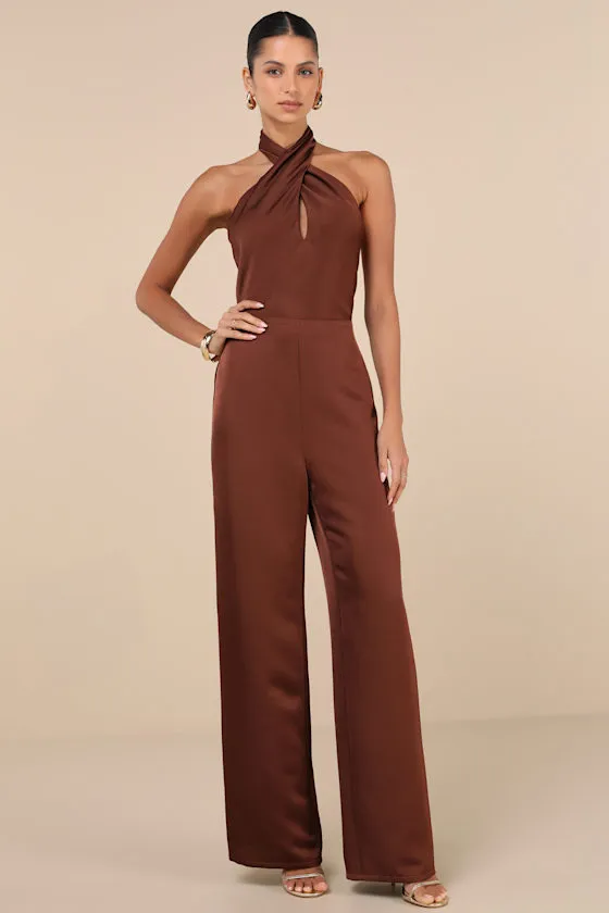 Beyond Classy Brown Satin Halter Wide-Leg Jumpsuit sold by Lulus