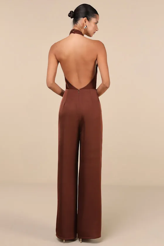 Beyond Classy Brown Satin Halter Wide-Leg Jumpsuit sold by Lulus product image thumbnail 2