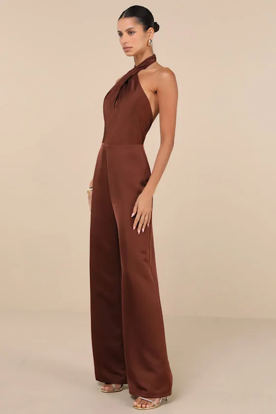 Beyond Classy Brown Satin Halter Wide-Leg Jumpsuit sold by Lulus product image thumbnail 4