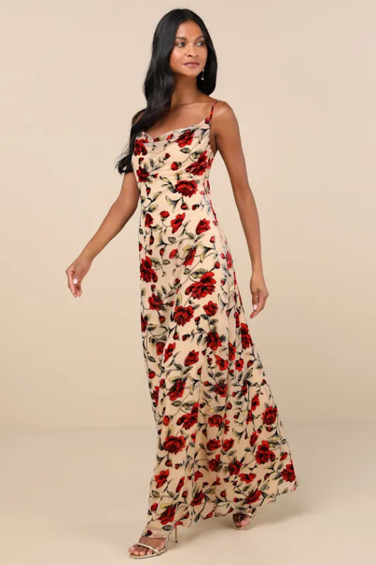 Romance in the Making Beige Floral Print Velvet Maxi Dress sold by Lulus