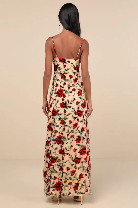 Romance in the Making Beige Floral Print Velvet Maxi Dress sold by Lulus product image thumbnail 2