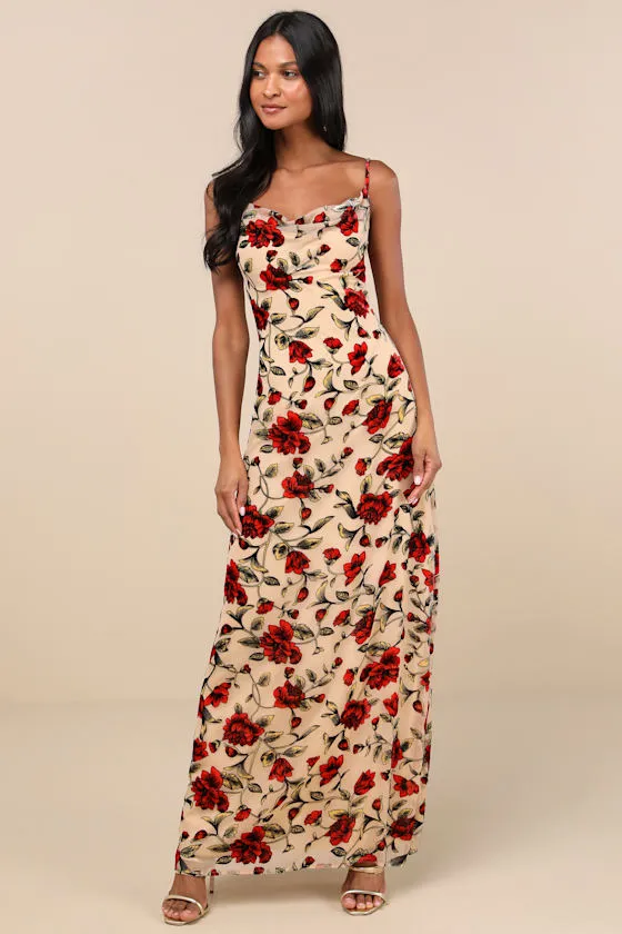 Romance in the Making Beige Floral Print Velvet Maxi Dress sold by Lulus product image thumbnail 3