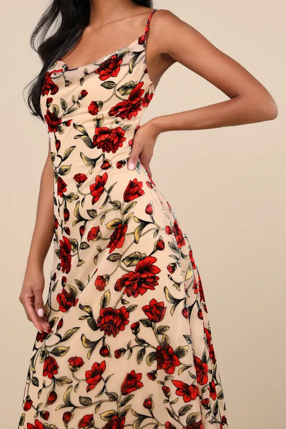 Romance in the Making Beige Floral Print Velvet Maxi Dress sold by Lulus product image thumbnail 4