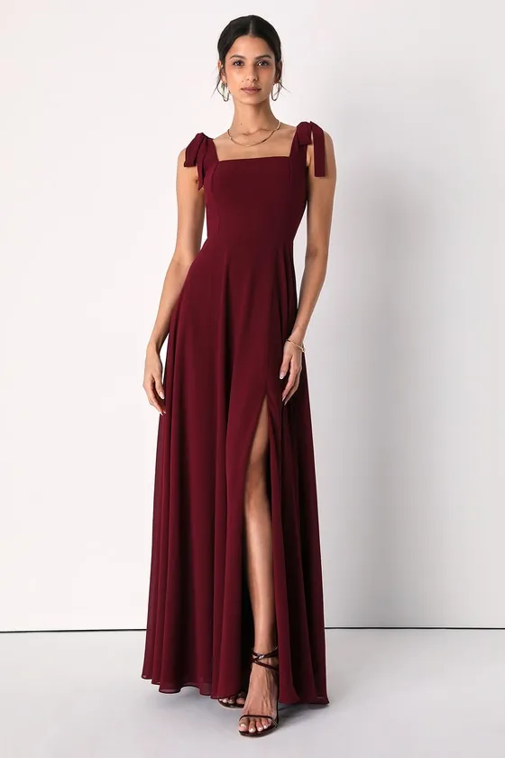 Love Me Forever Burgundy Tie-Strap Square Neck Maxi Dress sold by Lulus
