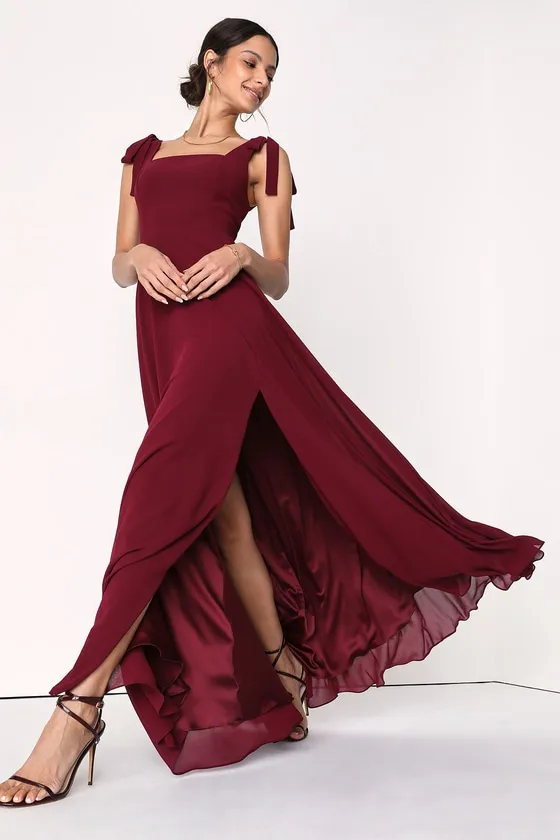 Love Me Forever Burgundy Tie-Strap Square Neck Maxi Dress sold by Lulus product image thumbnail 4