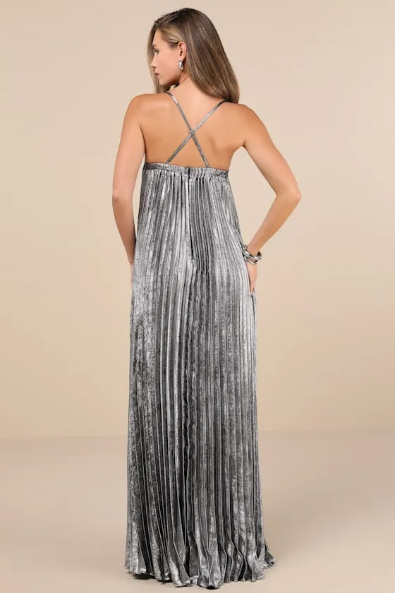 Brilliant Allure Silver Metallic Lurex Pleated Maxi Dress sold by Lulus product image thumbnail 2