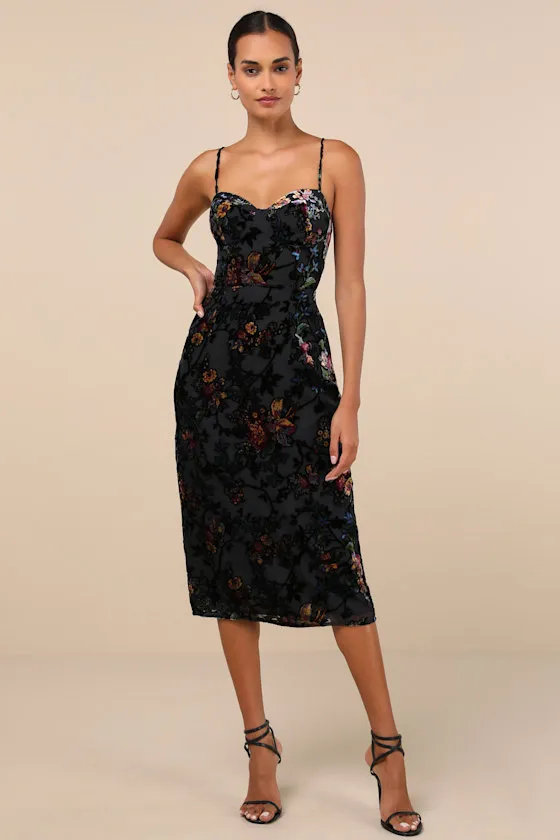 Moody Allure Black Floral Velvet Burnout Lace-Up Midi Dress sold by Lulus