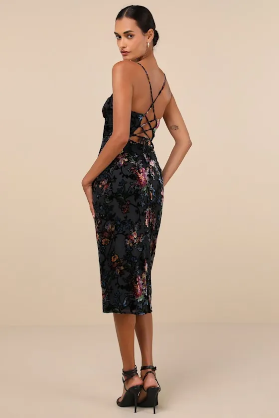 Moody Allure Black Floral Velvet Burnout Lace-Up Midi Dress sold by Lulus product image thumbnail 2