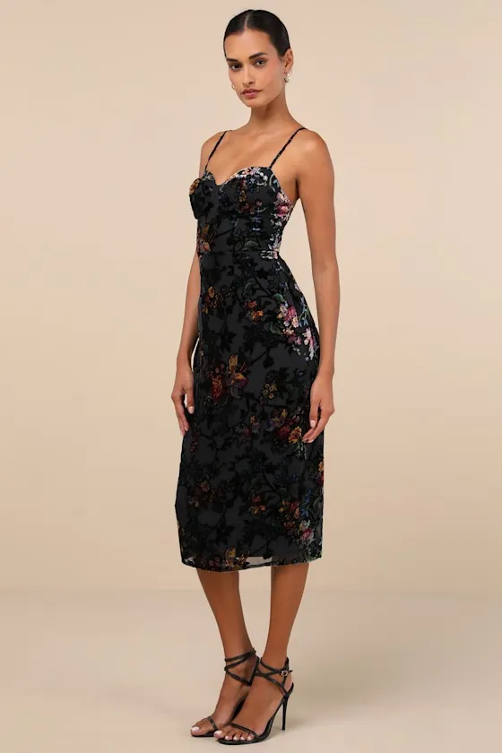 Moody Allure Black Floral Velvet Burnout Lace-Up Midi Dress sold by Lulus product image thumbnail 3