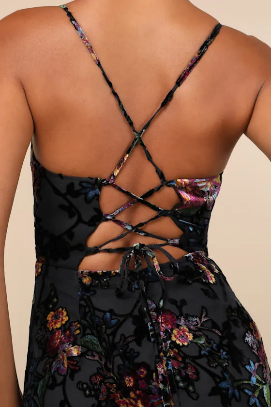 Moody Allure Black Floral Velvet Burnout Lace-Up Midi Dress sold by Lulus product image thumbnail 4