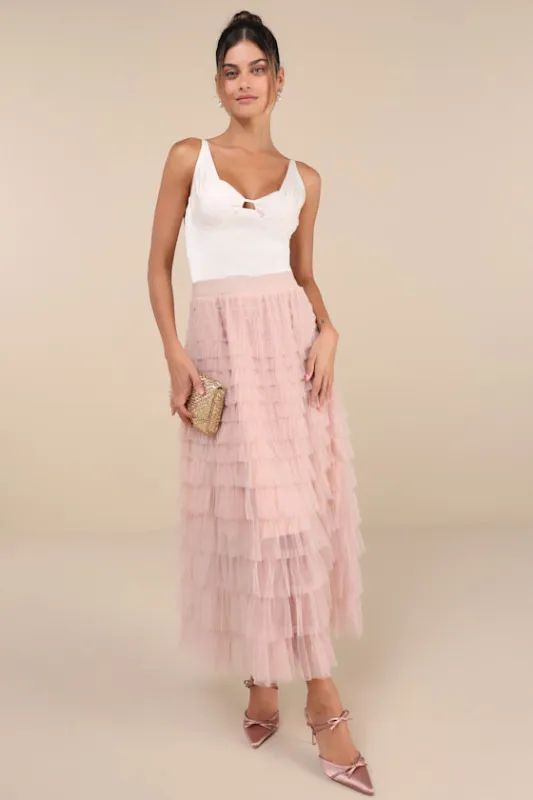 Instinctually Flirty Dusty Pink Tulle Tiered Maxi Skirt made by Lulus