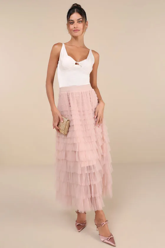 Instinctually Flirty Dusty Pink Tulle Tiered Maxi Skirt sold by Lulus