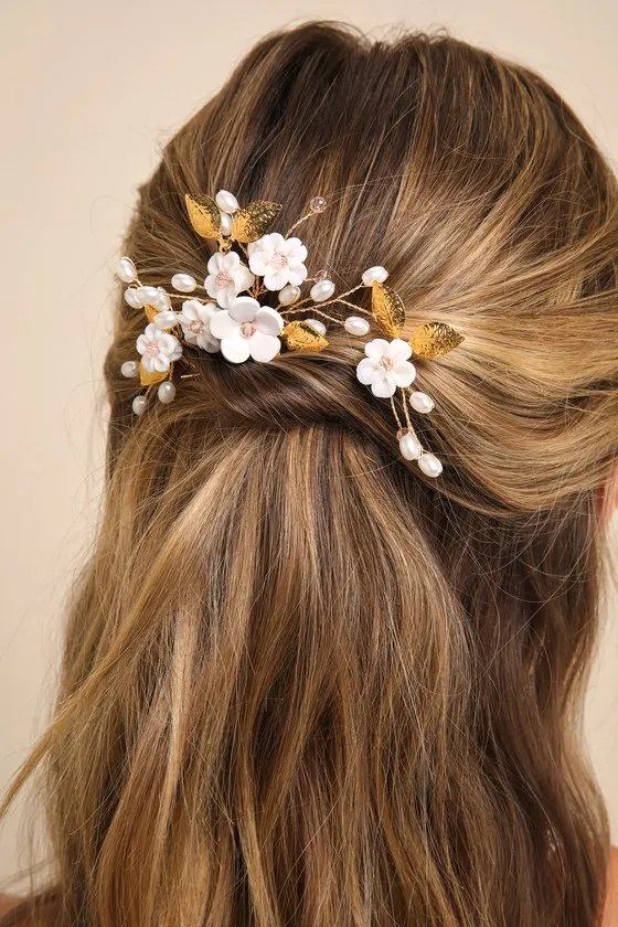 Beautiful Adornment Gold and White 5-Piece Floral Hair Pin Set sold by Lulus product image thumbnail 2