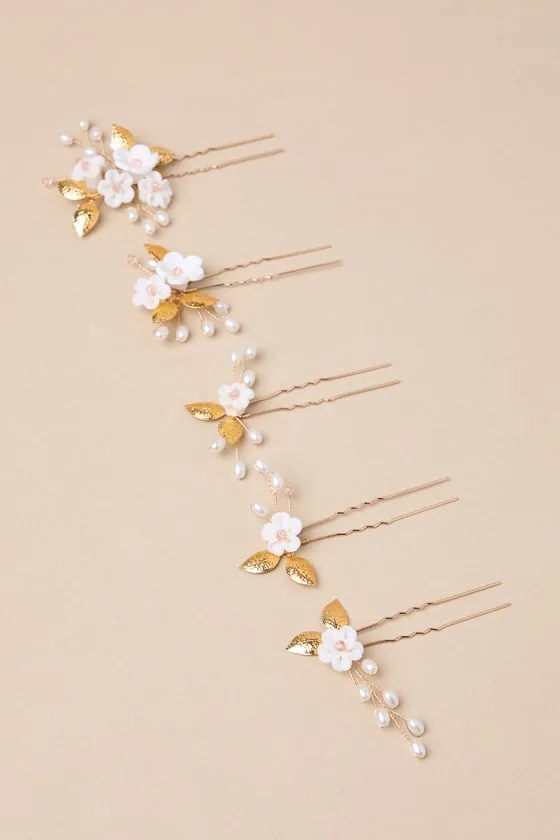 Beautiful Adornment Gold and White 5-Piece Floral Hair Pin Set sold by Lulus product image thumbnail 3