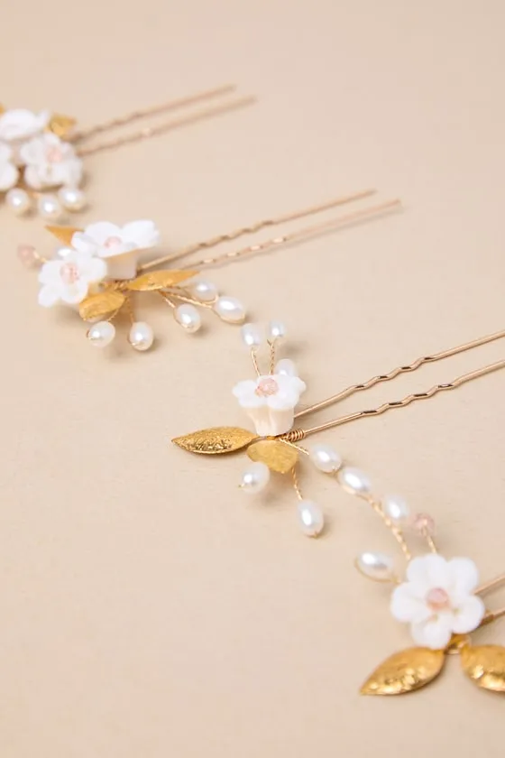 Beautiful Adornment Gold and White 5-Piece Floral Hair Pin Set sold by Lulus product image thumbnail 4