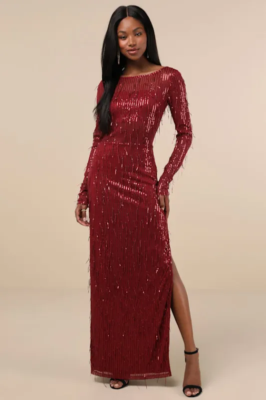 Sheer Fascination Burgundy Sheer Mesh Sequin Fringe Maxi Dress sold by Lulus