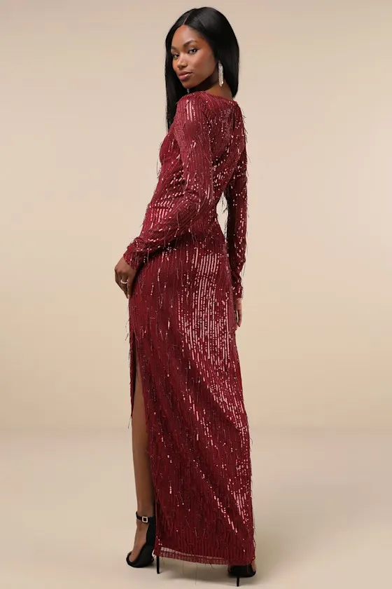 Sheer Fascination Burgundy Sheer Mesh Sequin Fringe Maxi Dress sold by Lulus product image thumbnail 2