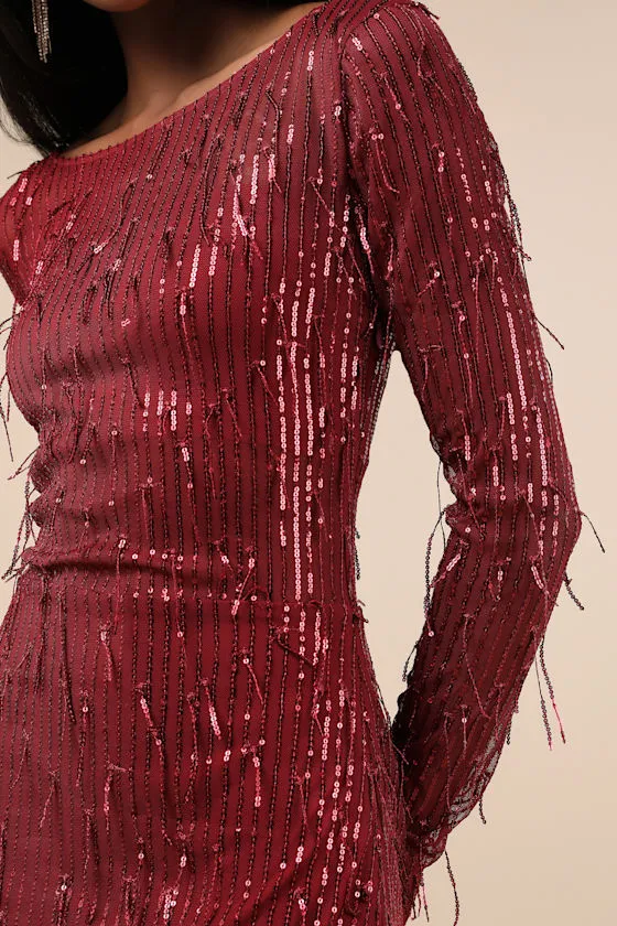 Sheer Fascination Burgundy Sheer Mesh Sequin Fringe Maxi Dress sold by Lulus product image thumbnail 4