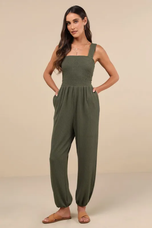Social Calendar Olive Green Crinkled Ribbed Knit Jogger Jumpsuit sold by Lulus