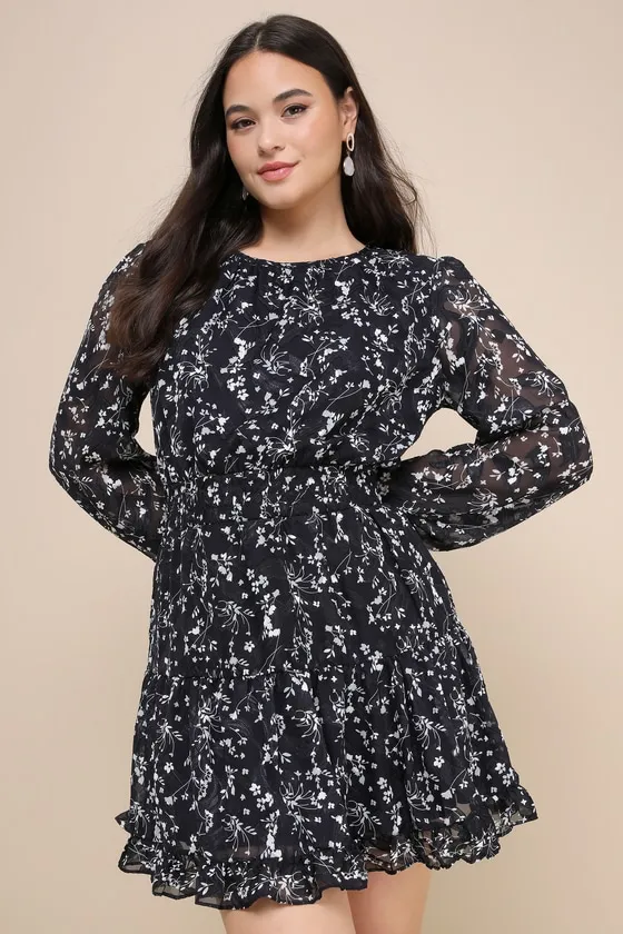 Too Cute Navy Blue Floral Print Smocked Long Sleeve Mini Dress sold by Lulus product image thumbnail 2