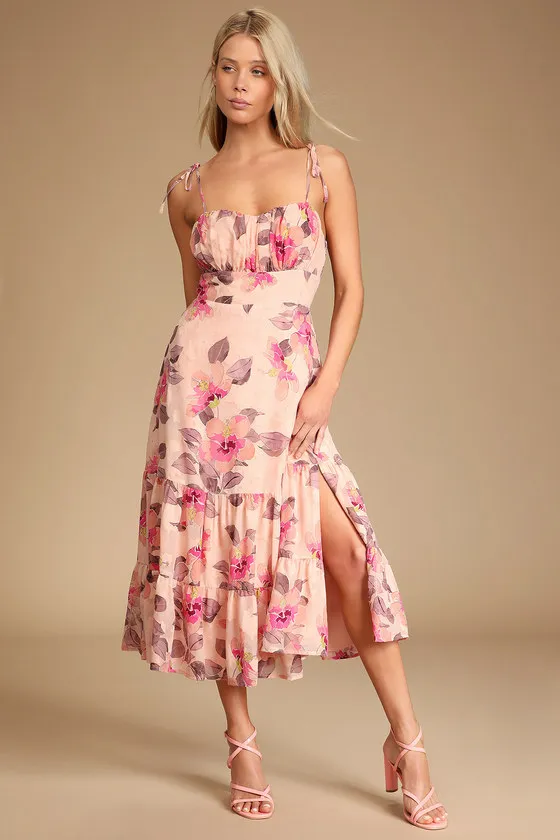 Tea Party Chic Pink Floral Print Tie-Strap Tiered Midi Dress sold by Lulus